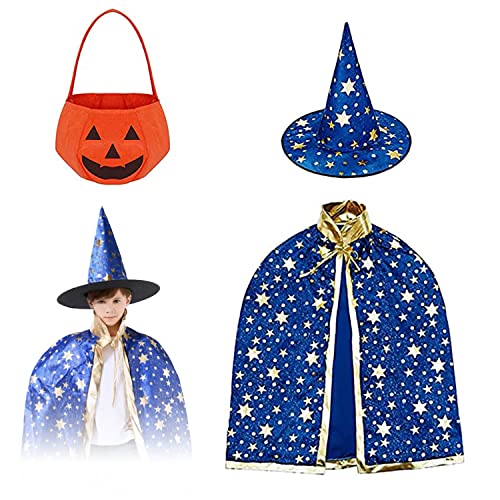 XINCHEN Halloween kostüm Kinder Hexe Zauberer Umhang mit Hut und Kürbis Candy Bag für Kinder Wizard Cape Witch Mantel mit Requisiten für Jungen Mädchen Halloween Cosplay Party. (blau) von XINCHEN