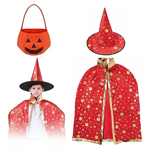 XINCHEN Halloween kostüm Kinder Hexe Zauberer Umhang mit Hut und Kürbis Candy Bag für Kinder Wizard Cape Witch Mantel mit Requisiten für Jungen Mädchen Halloween Cosplay Party. (rot) von XINCHEN