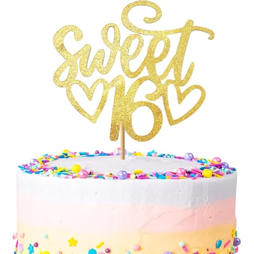 XINCHENG 1 Packung Sweet 16 Cake Topper, Glitter 16. Geburtstag Kuchendekoration, 16. Geburtstag, Party-Kuchendekoration, Cupcake-Topper für Cheers bis 16 Jahre alt von XINCHENG
