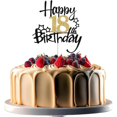 XINCHENG 1 x Geburtstagskuchenaufsatz, schwarz und goldfarben, glitzernde Kuchendekoration, Happy 18th Birthday, für Männer und Frauen, Motto-Party XINCHENG 1 x Geburtstagskuchenaufsatz, schwarz und goldfarben, glitzernde Kuchendekoration, Happy 18th Birthday, für Männer und Frauen, Motto-Party von XINCHENG