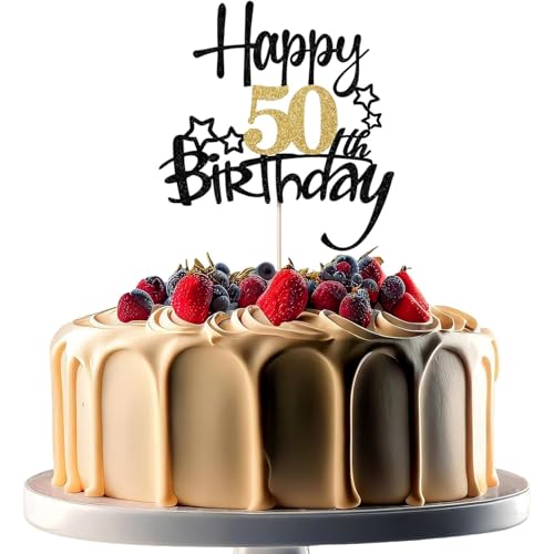 XINCHENG 1 x Geburtstagskuchenaufsatz, schwarz und goldfarben, glitzernde Kuchendekoration, Happy 50th Birthday, für Männer und Frauen, Motto-Party XINCHENG 1 x Geburtstagskuchenaufsatz, schwarz und goldfarben, glitzernde Kuchendekoration, Happy 50th Birthday, für Männer und Frauen, Motto-Party von XINCHENG