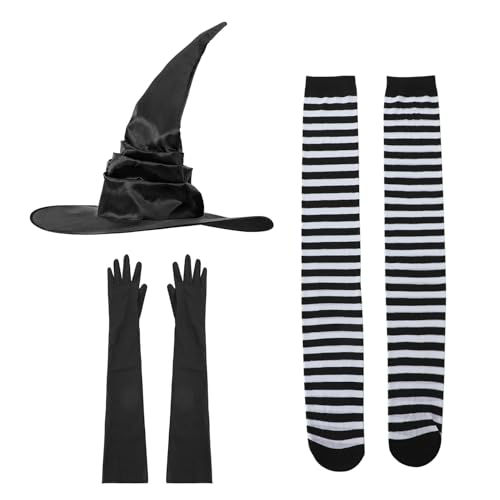 Halloween Hexenkostüm mit Hexenhut Handschuhe gestreiften Strümpfen Hexen Set Damen Halloween Hexe Outfit Mädchen Hexenkostüm Set Accessoire Hexen Zubehör Zauber Hut Cosplay Kostüm Karneval Requisiten von XINCHI