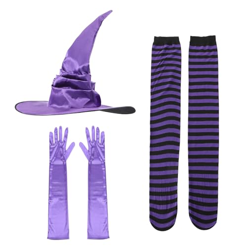 Halloween Hexenkostüm mit Hexenhut Handschuhe gestreiften Strümpfen Hexen Set Damen Halloween Hexe Outfit Mädchen Hexenkostüm Set Accessoire Hexen Zubehör Zauber Hut Cosplay Kostüm Karneval Requisiten von XINCHI