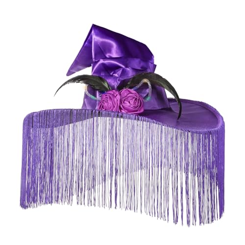 Hexenhut mit Quasten Zaubererhut Hexenmütze Damen Zauber Mütze Hexe Kopfbedeckung Schleife Hexen Kopfschmuck mit Federn Blumen Leuchtend Zubehör Hexenkostüm Spitzhut für Halloween Karneval Kostümfeste von XINCHI