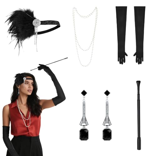 7-teiliges Flapper-Stirnband-Zubehör-Set im Stil der 1920er-Jahre, Vintage-Feder, Fascinator, Kopfschmuck, Kunstperlen, Halskette, glitzernde Ohrringe, lange schwarze Handschuhe, ausziehbare von XINCHIA