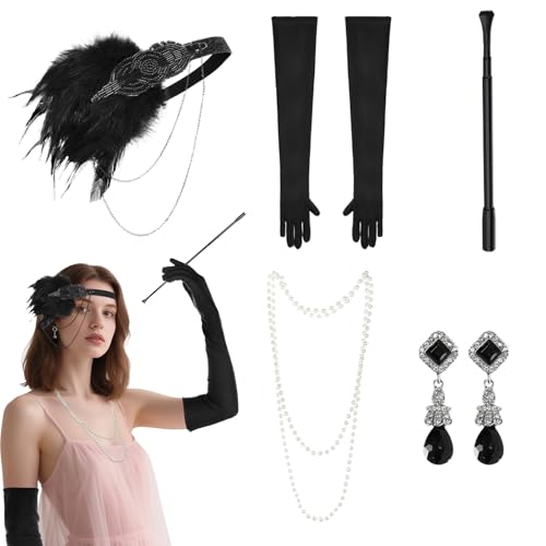 7-teiliges Flapper-Zubehör-Set im Stil der 1920er-Jahre, Gatsby-Feder, Fascinator, Stirnband, Kunstperlen, Halskette, glitzernde Ohrringe, lange schwarze Handschuhe, ausziehbare Handheld-Requisiten von XINCHIA