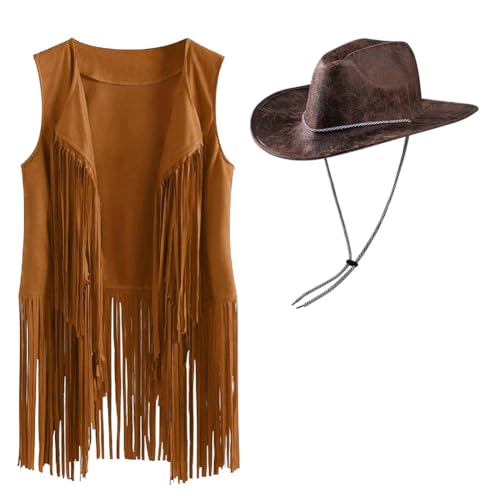 Cowgirl-Kostüm für Damen, Cowboyhut-Set, Quasten-Weste, 70er-Jahre-Kostüm, Disco-Top, Hippie-Kleidung, Kostüm, Wildlederimitat, Fransenjacke, Cardigan, ärmellose Jacke, 60er-Jahre-Kostüm, für Herren, Cowgirl-Kostüm für Damen, Cowboyhut-Set, Quasten-Weste, 70er-Jahre-Kostüm, Disco-Top, Hippie-Kleidung, Kostüm, Wildlederimitat, Fransenjacke, Cardigan, ärmellose Jacke, 60er-Jahre-Kostüm, für Herren, von XINCHIA
