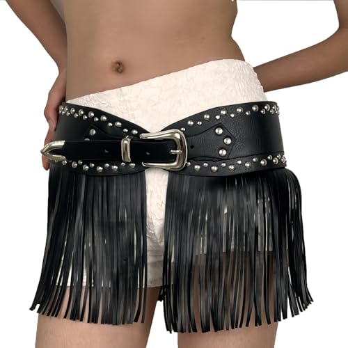 Damen Quaste Fransen Gürtel Rock Rave Outfit mit Fransen Lederrock Gürtel Römer Gladiator Schwarz Kurze Röcke für Festival Tanzen Kostüm Vintage Cowgirl Punk Rock Gothic Bikini Korsett Taillengürtel von XINCHIA