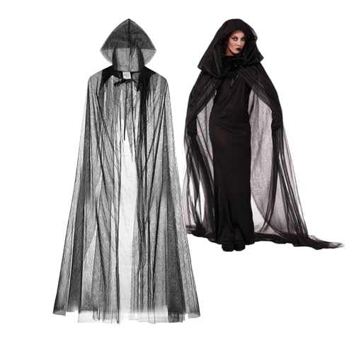 Halloween-Kostüm für Erwachsene, volle Länge, Tüll, Kapuzenumhang, Geist, Braut, Hexe, Zauberer, Kostüm, Netzumhang, Vintage, Vampir, Braut, Gothic, durchscheinend, Kapuzenmantel, mittelalterlicher von XINCHIA