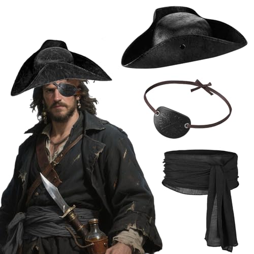 Halloween Piraten Kostüm Zubehör Set 3pcs Piratenhut Distressed Leder Kolonialstil Dreisporn Große Schärpe Gürtel Leder Augenklappe Verkleidung Mittelalter Kostüm Kit für Cosplay Karneval Mottoparty von XINCHIA