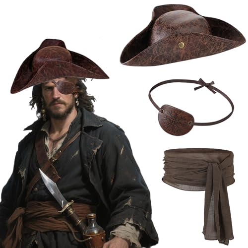 Halloween Piraten Kostüm Zubehör Set 3pcs Piratenhut Distressed Leder Kolonialstil Dreisporn Große Schärpe Gürtel Leder Augenklappe Verkleidung Mittelalter Kostüm Kit für Cosplay Karneval Mottoparty von XINCHIA