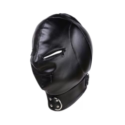 PU Leder Full Cover Kapuze Maske Reißverschluss Öffnen Mund Show Augen Gesichtsmaske Verstellbare Schnürung Halloween Cosplay Kostüm Punk Kapuze Kopfbedeckung Verkleidung Kostüm für Paare Spiele von XINCHIA