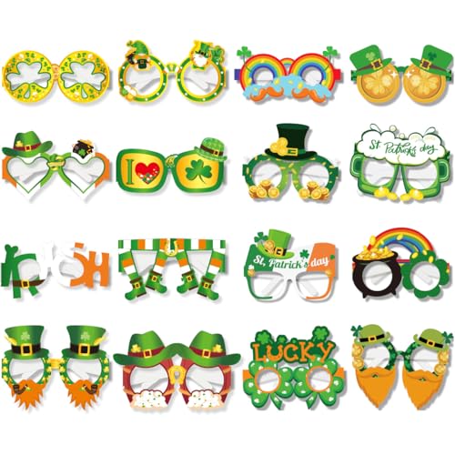 XINDY 16 Stück St. Patricks Day Party Brillen Lustige Grüne Irischer Kleeblatt Papier Brille Foto Requisiten für Kinder Erwachsene St. Patricks Day Deko St. Patricks Day Kostüm Accessories von XINDY