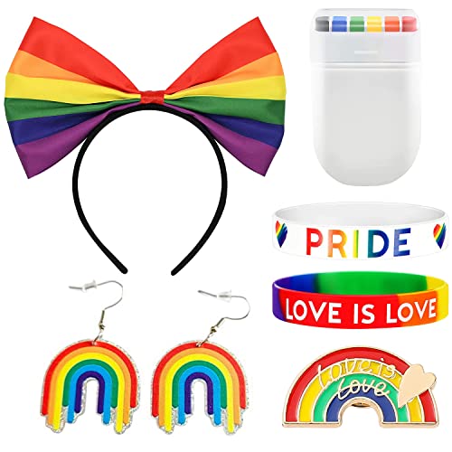 XINDY CSD Pride Outfit Set LGBTQ Accessoires Regenbogen Stirnband, Pride Armband, Pride Button, Regenbogen schminke, Regenbogen Ohrringe Pride Merch für Lesben Gay Pride Feiern von XINDY
