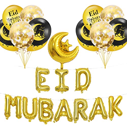 XINDY Eid Mubarak Dekoration, Schwarz Gold Eid Mubarak Banner Mond Sterne Folienballon Eid Mubarak Luftballons Latex Eid Mubarak Ballon für Eid Deko Muslim Islam Party Bayram Dekoration von XINDY