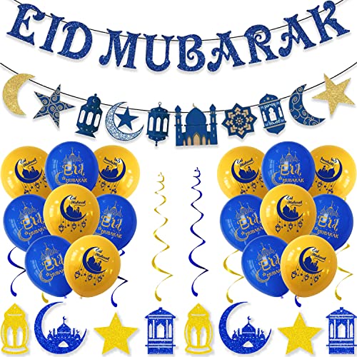 XINDY Eid Mubarak Dekoration, Blau Gold Eid Mubarak Deko Banner Eid Mubarak Girlande Eid Mubarak Luftballons Latex Eid Mubarak Ballon für Eid Deko Muslim Islam Party Bayram Dekoration von XINDY