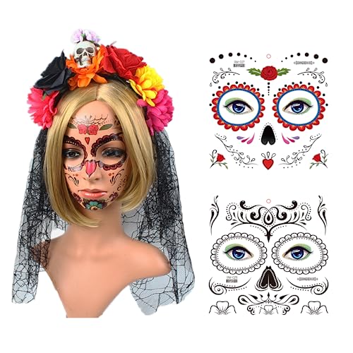 XINDY Dia de Muertos Haarreif und Schleier Halloween Gesicht Tattoos, Rosen Totenkopf Haarreif Tag der Toten Haarschmuck Mexikanische Stirnband Halloween Kopfschmuck Haarband Halloween Kostüm Damen von XINDY