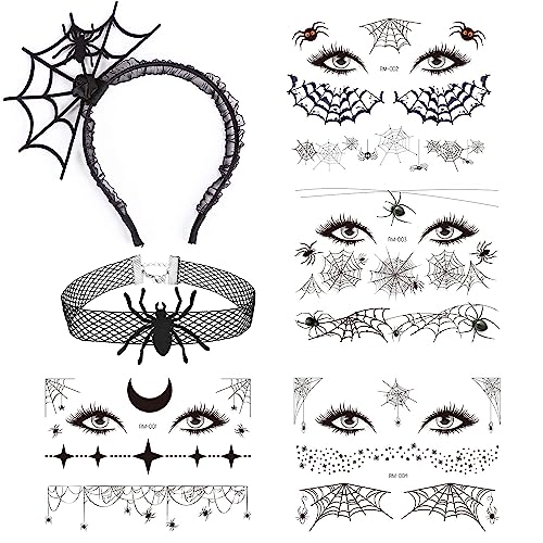 XINDY Halloween Spinnennetz Haarreif Halloween Stirnband Spinnen Haarschmuck mit Halsketten Spinnen Gesichtstattoo für Frauen Mädchen Karneval Halloween Cosplay Kostüm Partyzubehör von XINDY