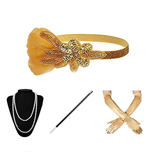 XINGLIDA Flapper-Accessoires für Damen, 1920er-Jahre-Kostüm, Zubehör, brüllende 20er-Jahre, Flapper-Stirnband, Ohrringe, Handschuhe, Halsketten-Set (B#) von XINGLIDA