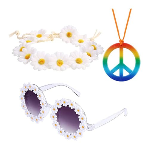 XINGLIDA Hippie-Kostüm-Set beinhaltet Sonnenbrille, Stirnband, Friedenszeichen-Halskette und Ohrringe, 60er-/70er-Jahre-Stil, Vintage-Kostüm (8#) von XINGLIDA