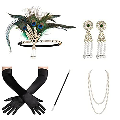 XINGLIDA Vintage 1920er Jahre Flapper Gatsby Damen Kostüm Zubehör Set Feder Stirnband Halskette Ohrringe für 20er Jahre Cocktailparty (M#) von XINGLIDA
