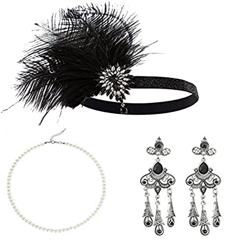 XINGLIDA Vintage 1920er Jahre Flapper Gatsby Damen Kostüm Zubehör Set Feder Stirnband Halskette Ohrringe für 20er Jahre Cocktailparty (T#) von XINGLIDA