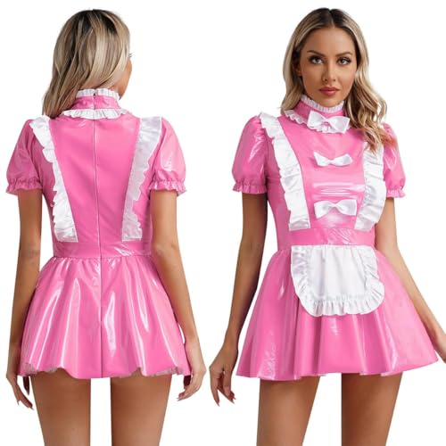XINLIANYI Damen-Cosplay-Kostüm, Lackleder, A-Linie, Kleid, Party, Clubwear, Rosa von XINLIANYI