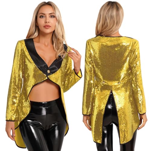 XINLIANYI Damen-Frack, Halloween, Zauberer-Kleid, Zirkus, Ringmaster, Frack, Jacke, Einknopf, Smoking, Oberbekleidung, Verkleidungen, Kostüme, Gold von XINLIANYI