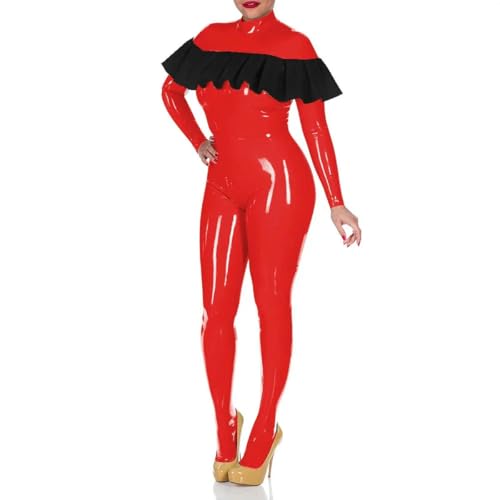XINLIANYI Nightclub Langärmeliger PVC-Overall für Damen, Rollkragen, Rüschen, Strampler, Oversize, Cosplay-Catsuit, rot, 7XL XINLIANYI Nightclub Langärmeliger PVC-Overall für Damen, Rollkragen, Rüschen, Strampler, Oversize, Cosplay-Catsuit, rot, 7XL von XINLIANYI