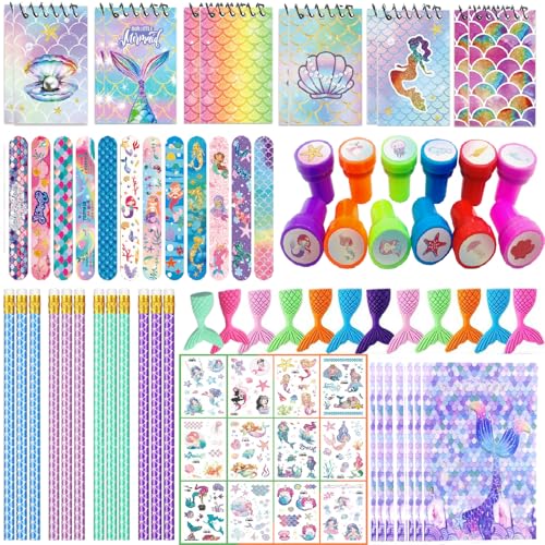 XINNIAN 84 Stück Meerjungfrauen Kindergeburtstag Geschenke,Meerjungfrau Mitgebsel Give away kindergeburtstag Geschenke für Mädchen,Notizbuch Bleistift Radiergummi Armbänder Stempel Kinder Tattoos von XINNIAN
