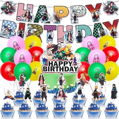 Dämonentöter Geburtstag Dekoration, Party Dekorationen Supplies Set, 16 Dämonentöter Latexballon, 1 Geburtstag Banner und 13 Tortenaufsatz für Anime Kindergeburtstag Party Deko von Huaxintoys