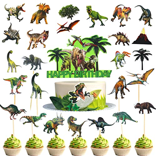 Dinosaurier Tortendeko Cake Topper, Dinosaurier Thema Cupcake Toppers, Kuchendekoration für Dinosaurier, Happy Birthday Kuchen Dekoration Jura Dino Partei Liefert (40 Stück) von Huaxintoys