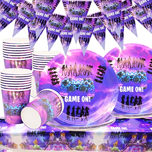 Huaxintoys Video Gamer Geburtstag Partygeschirr Set, Video Gaming Partyzubehör Set Einschließlich 1 Tischdecke, 20 Teller, 20 Becher un 1 Dreiecksflagge für Spieleliebhaber Partygeschirr Dekoration von Huaxintoys