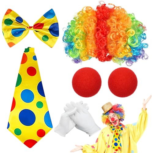XINRANFF Clown Kostüm Set, 7 Stück Clown Kostüm Fasching, Clown Lockenperücke, Krawatte, Clownnase und Handschuhe, Clownschleife, Kostüm Damen Fasching, Karneval kostüm für Kinder Erwachsene Damen XINRANFF Clown Kostüm Set, 7 Stück Clown Kostüm Fasching, Clown Lockenperücke, Krawatte, Clownnase und Handschuhe, Clownschleife, Kostüm Damen Fasching, Karneval kostüm für Kinder Erwachsene Damen von XINRANFF