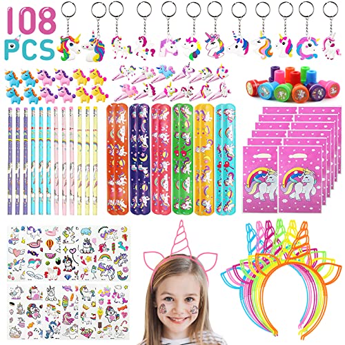 108 Stück Einhorn Deko Party Mitgebsel Kindergeburtstag Mädchen, Einhorn Geschenke für Mädchen Geburtstagsdeko mit Schlüsselanhänger Einhorn Haarspangen Stempel Tattoo for Einhorn Mitgebsel Spiele von XINRANFF