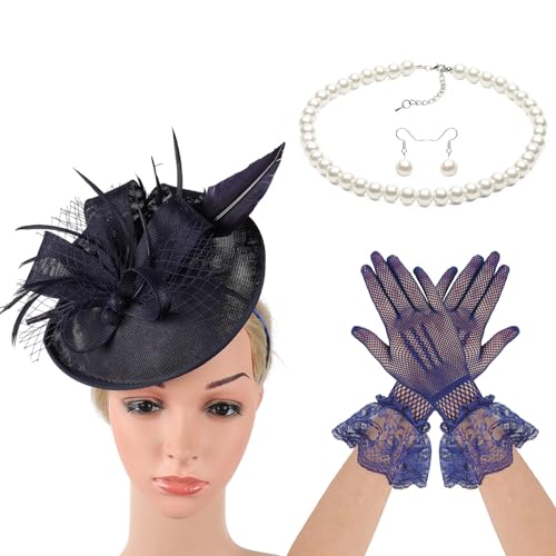 XINYIN Derby-Hut, Stirnbänder mit Halskette, Ohrringen, Handschuhen für Damen, formelles und lässiges Outfit, Maskeraden, Accessoire, Kopfbedeckung für Damen von XINYIN