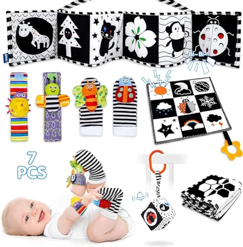 XIXILAND Kontrast Baby Spielzeug 7-teilig für 0-12 Monate - Schwarz-Weißes Stoffbuch, Socken, Rassel, Tummy Time Toys für Neugeborene, Jungen und Mädchen von XIXILAND