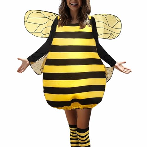 XIXIMAON Bienenkostüm für Erwachsene und Kinder, 4-teiliges Bienenkostüm, gestreiftes Kleid + Flügel + Haarreif + Strümpfe, Cosplay-Kostüme für Halloween Karneval Party (B-Gelb, XXL) von XIXIMAON