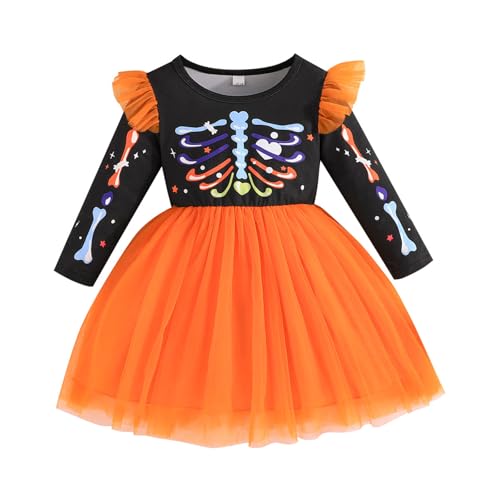 XIXIMAON Halloween-Kleid für Mädchen, Kürbismotiv, Totenkopf, Prinzessin, Langarm, Kostüm, Halloween, Kostüm, Herbst/Winter, lässig, Orange Skelett, 3-4 Jahre XIXIMAON Halloween-Kleid für Mädchen, Kürbismotiv, Totenkopf, Prinzessin, Langarm, Kostüm, Halloween, Kostüm, Herbst/Winter, lässig, Orange Skelett, 3-4 Jahre von XIXIMAON