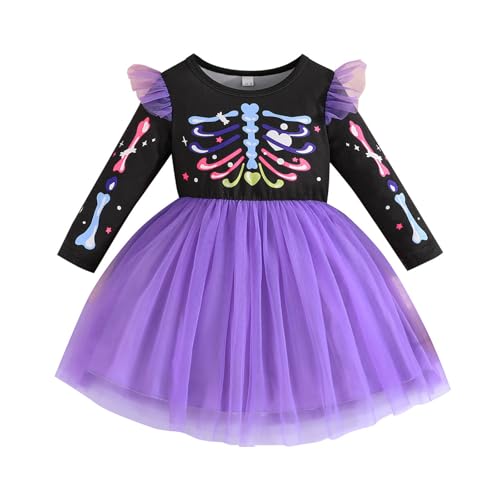 XIXIMAON Halloween-Kleid für Mädchen, Kürbismotiv, Totenkopf, Prinzessin, Langarm, Kostüm, Halloween, Kostüm, Herbst/Winter, lässig, Violettes Skelett, 2-3 Jahre XIXIMAON Halloween-Kleid für Mädchen, Kürbismotiv, Totenkopf, Prinzessin, Langarm, Kostüm, Halloween, Kostüm, Herbst/Winter, lässig, Violettes Skelett, 2-3 Jahre von XIXIMAON