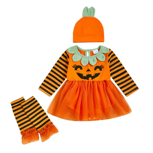 XIXIMAON Halloween-Kostüm, Baby, Mädchen, Strampler, bedruckt, Kürbis, Kleid mit Tüll, 2-teiliges Set Body + Stirnband für Halloween-Party (Orange, 12-18 Monate) von XIXIMAON