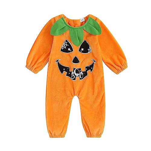XIXIMAON Halloween-Kostüm für Babys, Kürbis-Kostüm, Langarm, Einteiler, Body + Hut, Halloween-Kostüm, Neugeborene, Mädchen, Jungen, (B-Orange, 0-6 Monate) von XIXIMAON
