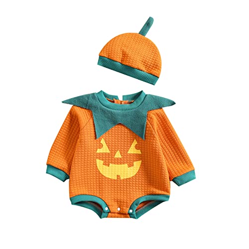 XIXIMAON Halloween-Kostüm für Babys, Kürbis-Kostüm, Langarm, Einteiler, Body + Hut, Halloween-Kostüm, Neugeborene, Mädchen, Jungen (D-Orange, 6-9 Monate) von XIXIMAON