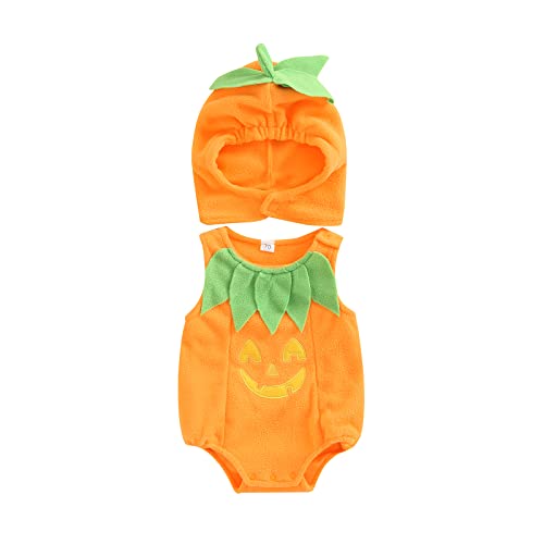 XIXIMAON Halloween-Kostüm für Babys, Kürbis-Kostüm, Langarm, Einteiler, Body + Hut, Halloween-Kostüm, Neugeborene, Mädchen, Jungen (F-Orange, 0-3 Monate) von XIXIMAON