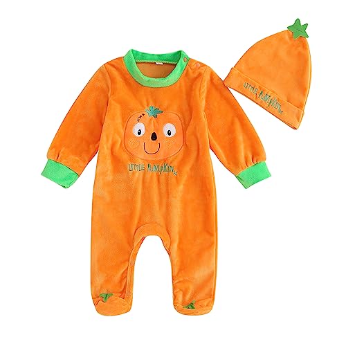 XIXIMAON Halloween-Kostüm für Babys, Kürbis-Kostüm, Langarm, Einteiler + Hut, Halloween-Kostüm, Neugeborene, Mädchen, Jungen (Orange, 12-18 Monate) von XIXIMAON