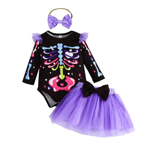 XIXIMAON Halloween-Kostüm für Babys, Mädchen, 2 Stück, Body, Skelett, Tutu, Rock, Tüll, Halloween-Kostüm, Herbst- und Winteroutfit, Schwarz / Violett., 6-9 Monate XIXIMAON Halloween-Kostüm für Babys, Mädchen, 2 Stück, Body, Skelett, Tutu, Rock, Tüll, Halloween-Kostüm, Herbst- und Winteroutfit, Schwarz / Violett., 6-9 Monate von XIXIMAON