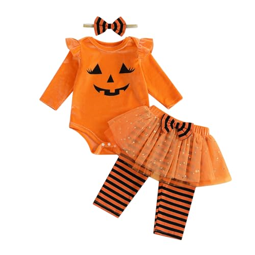 XIXIMAON Halloween-Kostüm für Babys, Mädchen, 3-teiliges Set, Kürbis-Body + gestreifte Hose mit Tutu, Tüllrock + Stirnband, Halloween-Kostüm, Halloween, Outfits (Orange, 12-18 Monate) von XIXIMAON