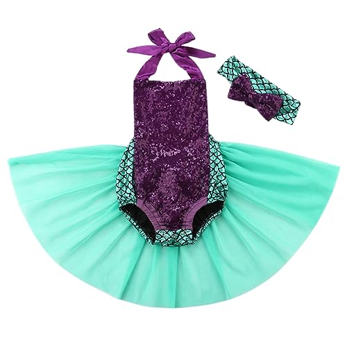 XIXIMAON Kostüm Meerjungfrau Baby Mädchen Prinzessin Strampler mit Pailletten + Stirnband Outfit für Geburtstag Party Halloween Karneval (Violett, 0-6 Monate) von XIXIMAON