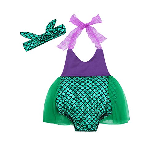 XIXIMAON Kostüm Meerjungfrau Baby Mädchen Prinzessin Strampler mit Pailletten + Stirnband Outfit für Geburtstag Party Halloween Karneval (Violett Grün, 6-12 Monate) von XIXIMAON