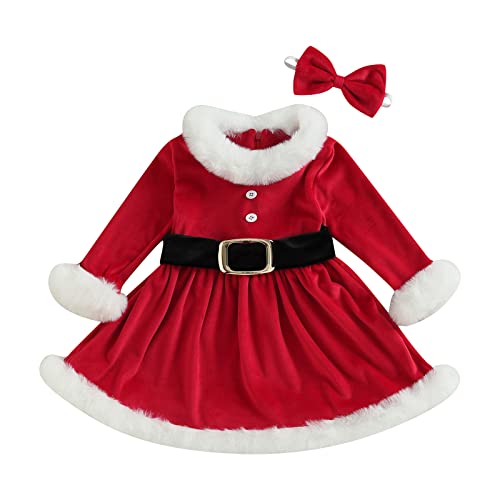 XIXIMAON Weihnachtskleid für Babys, Mädchen, Weihnachtsmann-Kostüm, Rot, Prinzessinnen-Kostüm, Partyoutfit + Stirnband für Kinder, Mädchen, Samtrot, 4 Jahre von XIXIMAON